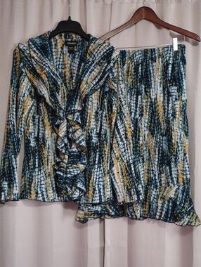 Ashro 2-Piece Ruffle Blouse Midi Skirt Set Textyred Abstract Print Women's M